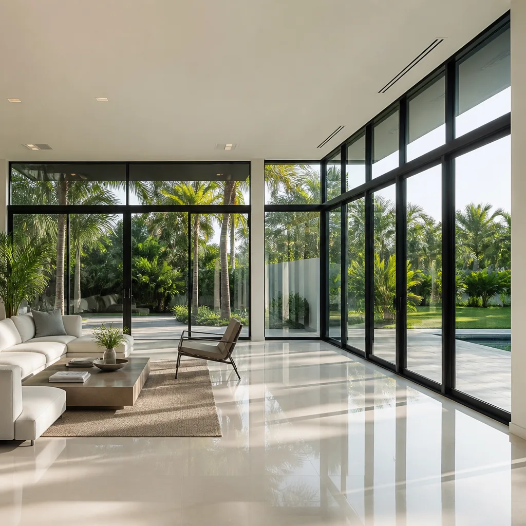 Modern floor-to-ceiling impact windows in a luxury minimalist living room.