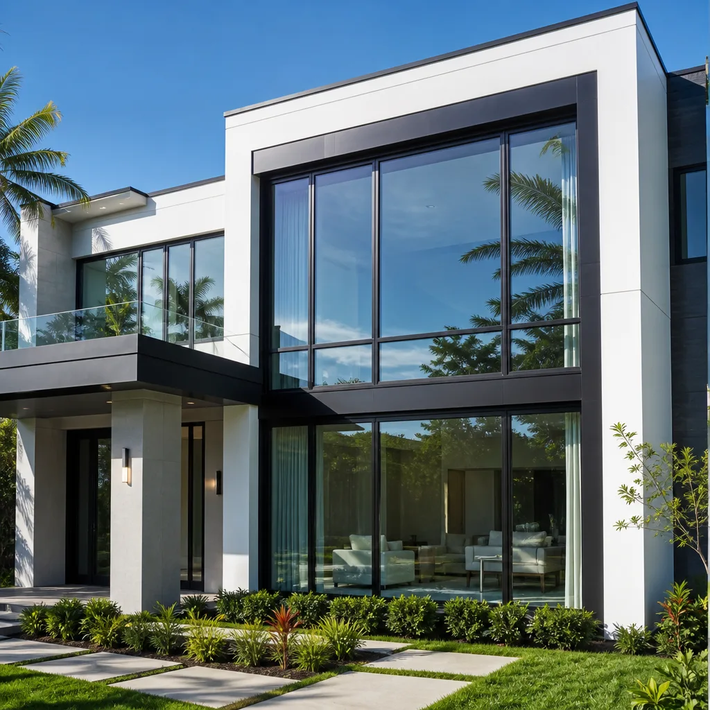 Modern luxury home architecture with large impact-resistant window systems