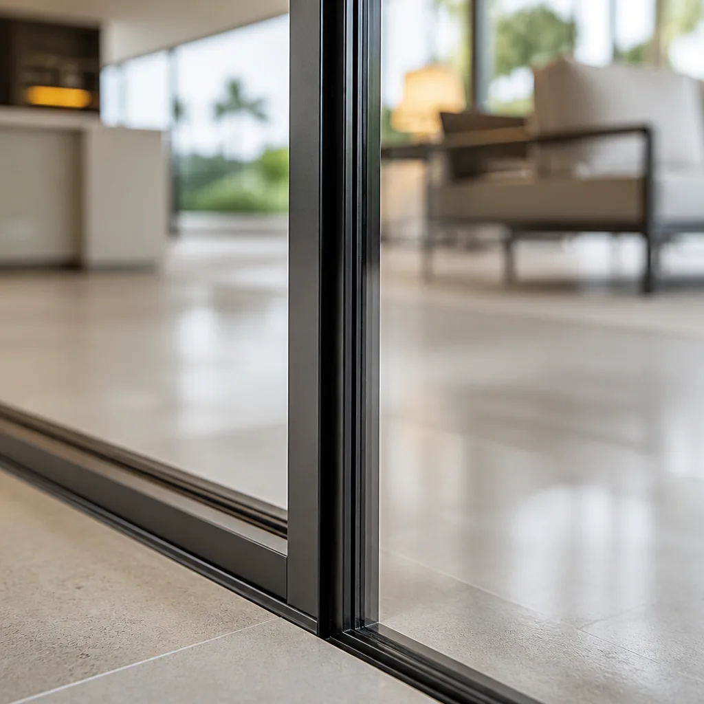 Modern black-framed impact glass sliding door in a contemporary home interior