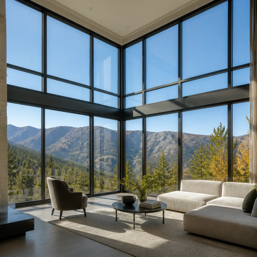 Modern floor-to-ceiling window installation in a luxury mountain home living room